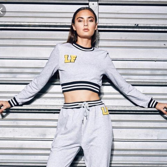 NWT LF the Brand Gray Yellow Varsity Patch Letter LF Cropped Sweatshirt Small - Picture 1 of 9